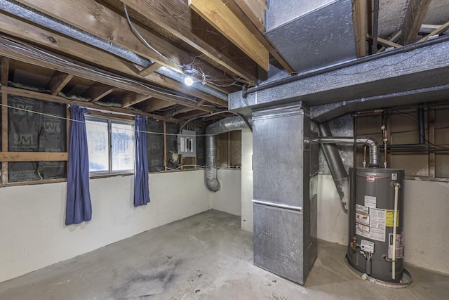 basement with electric panel and gas water heater