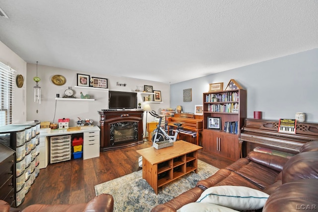 living room with a textured ceiling, beverage cooler, and dark hardwood / wood-style flooring