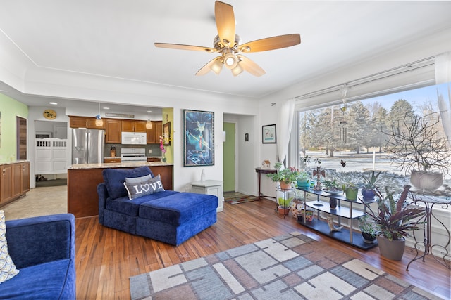 living room featuring dark wood-type flooring and ceiling fan