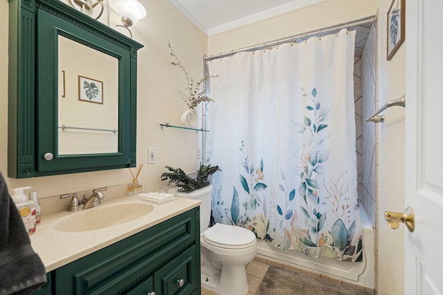 full bathroom featuring shower / bathtub combination with curtain, tile patterned flooring, vanity, ornamental molding, and toilet