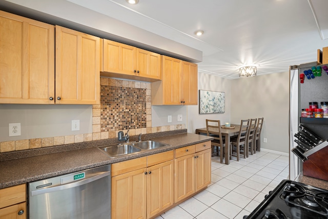 kitchen with sink, light brown cabinets, light tile patterned floors, stainless steel dishwasher, and black gas range