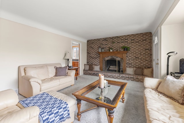 living room with a brick fireplace and carpet flooring