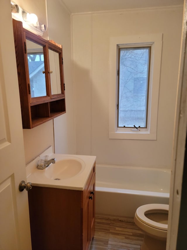 bathroom with vanity, toilet, and a tub