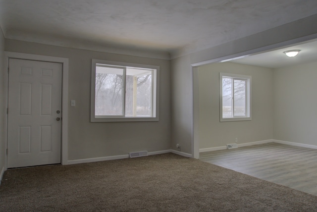 entrance foyer featuring light colored carpet