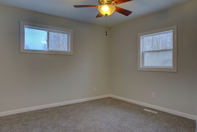 carpeted spare room with ceiling fan and a healthy amount of sunlight