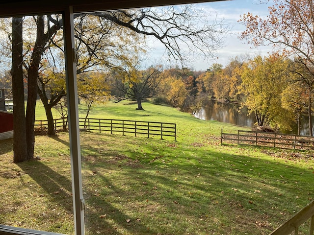 view of community with a water view and a lawn