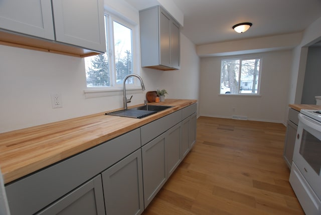 kitchen with white electric range oven, wood counters, sink, light wood-type flooring, and gray cabinetry