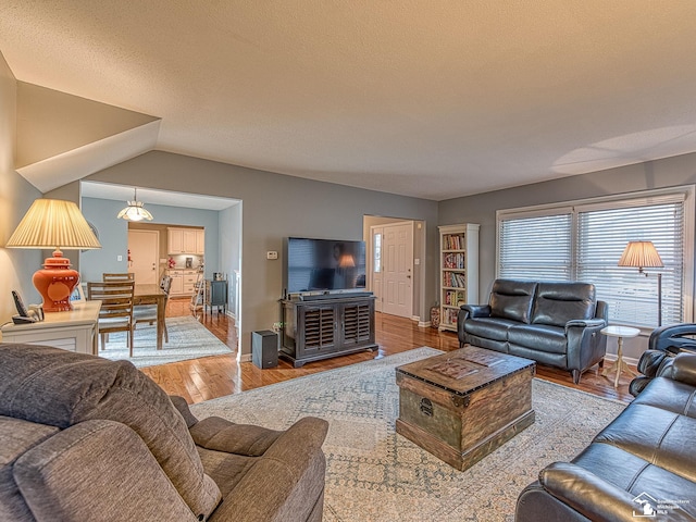 living room with lofted ceiling, a textured ceiling, and light hardwood / wood-style floors