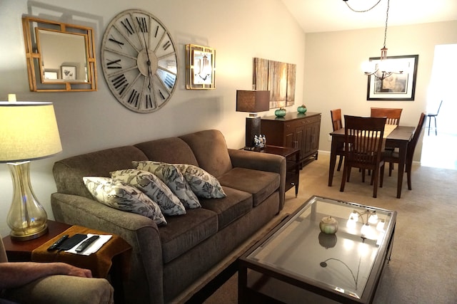 carpeted living area featuring lofted ceiling