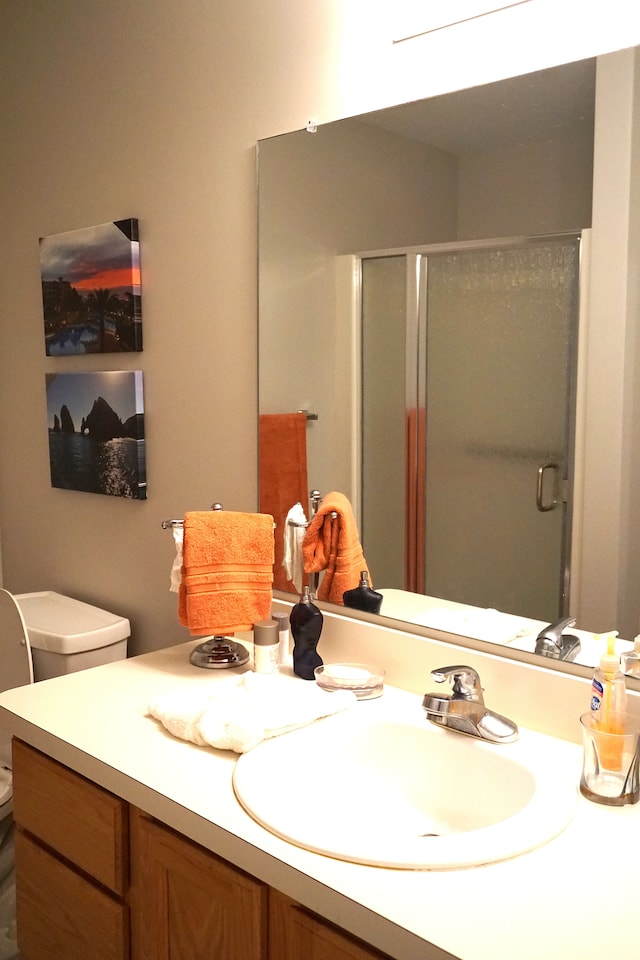 bathroom featuring a shower stall, vanity, and toilet