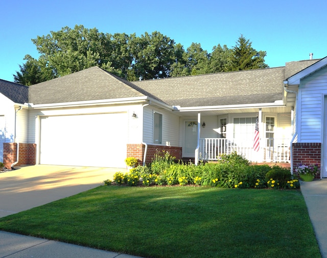 single story home with a front yard, driveway, an attached garage, covered porch, and brick siding