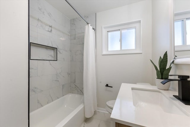 full bathroom with shower / bath combo with shower curtain, toilet, marble finish floor, baseboards, and vanity