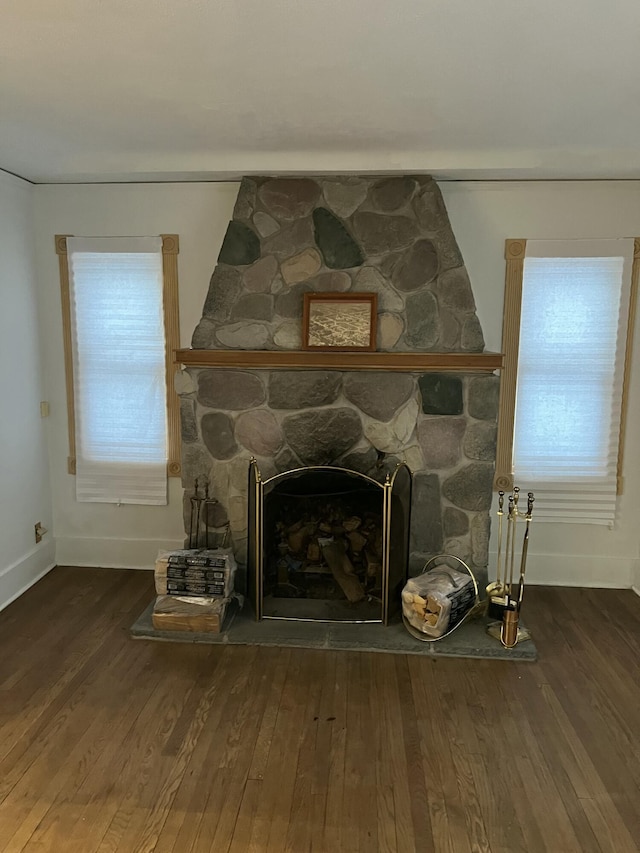 room details featuring a fireplace and hardwood / wood-style floors