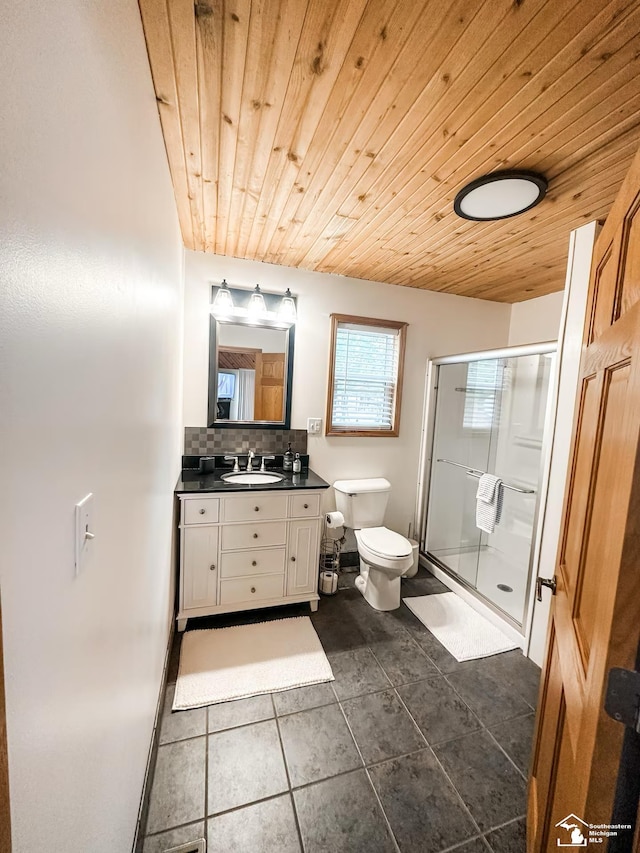 bathroom with toilet, vanity, backsplash, an enclosed shower, and wooden ceiling