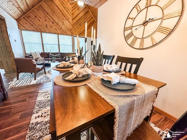 dining space featuring high vaulted ceiling, hardwood / wood-style flooring, and wooden ceiling