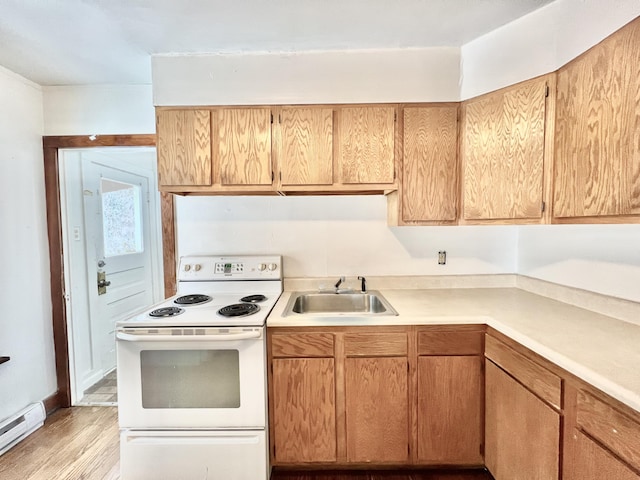 kitchen with light hardwood / wood-style flooring, white electric range, sink, and a baseboard radiator