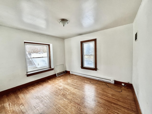 unfurnished room with hardwood / wood-style floors and a baseboard radiator