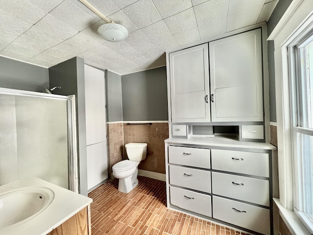 bathroom featuring a shower with shower door, vanity, tile walls, and toilet