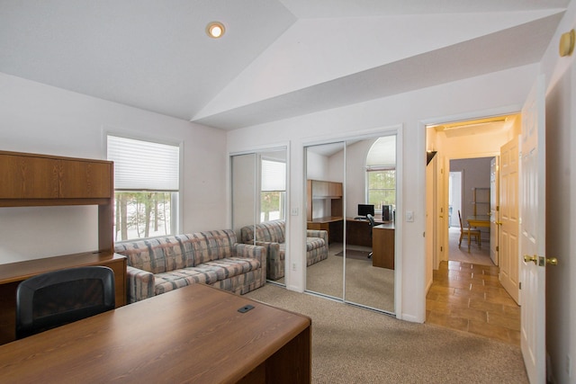 carpeted living room featuring lofted ceiling