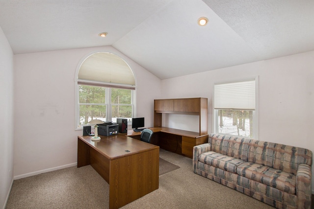 office featuring light colored carpet and lofted ceiling