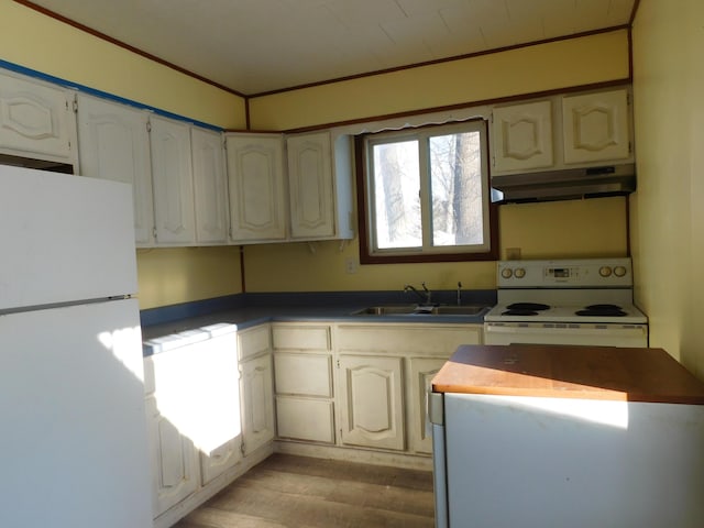 kitchen with sink, white appliances, and light hardwood / wood-style floors