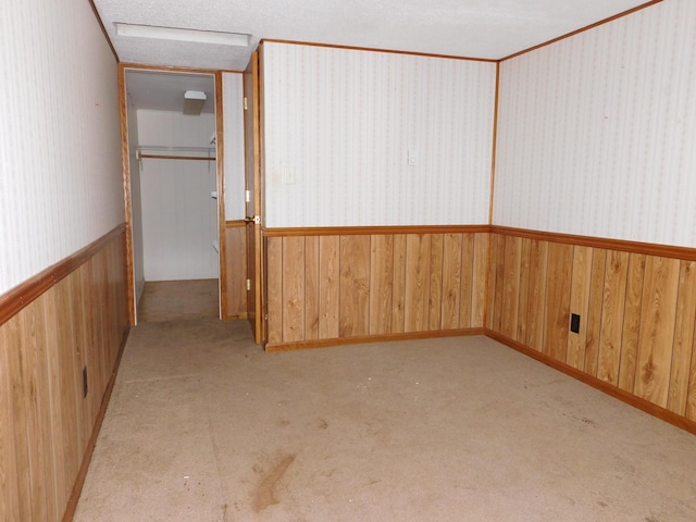 carpeted spare room featuring a textured ceiling and wood walls