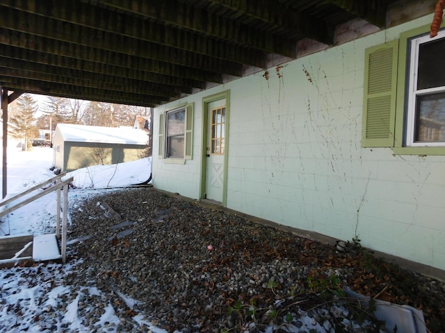 view of snow covered exterior