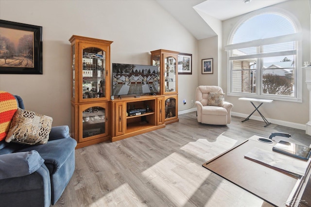 living room featuring high vaulted ceiling and light hardwood / wood-style flooring