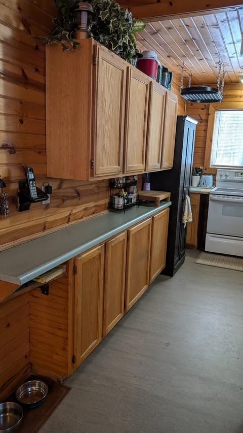 kitchen featuring wood walls and electric stove