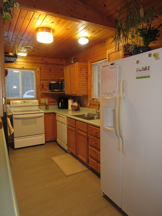 kitchen featuring sink, wood walls, white appliances, and wooden ceiling