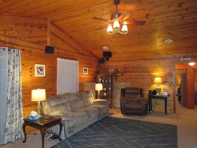 living room featuring carpet flooring, vaulted ceiling, ceiling fan, and wood ceiling