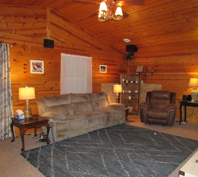 carpeted living room featuring wood ceiling, ceiling fan, and lofted ceiling