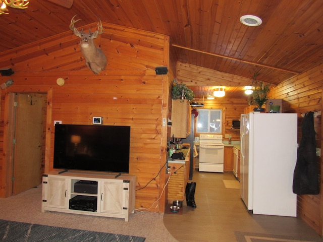 unfurnished living room featuring wooden ceiling and wood walls