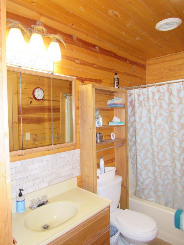 full bathroom with shower / bathtub combination with curtain, wood ceiling, backsplash, toilet, and wood walls