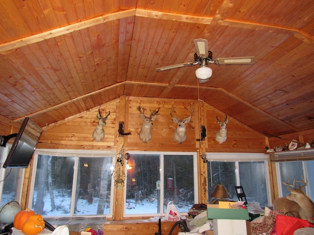 details featuring ceiling fan, wood walls, and wood ceiling