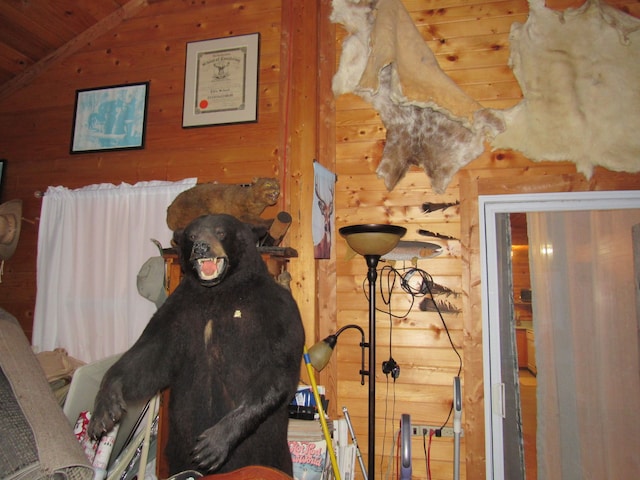 interior details with wooden ceiling and rustic walls