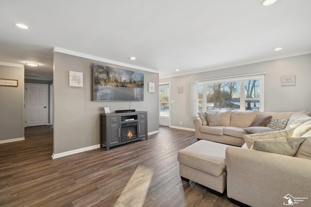 living room with a fireplace, dark hardwood / wood-style floors, and ornamental molding