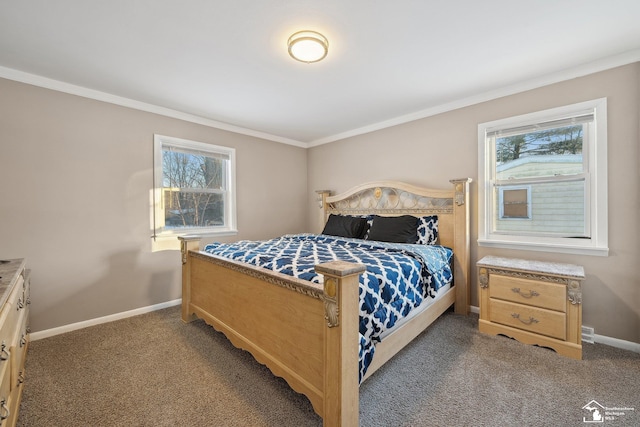 carpeted bedroom featuring crown molding and multiple windows