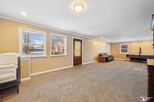 recreation room with ornamental molding and carpet floors