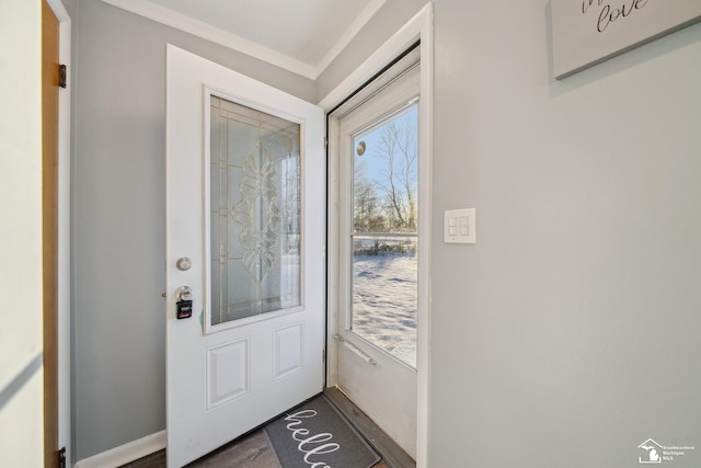 doorway with dark hardwood / wood-style flooring