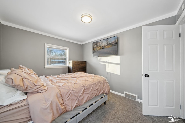 carpeted bedroom featuring ornamental molding