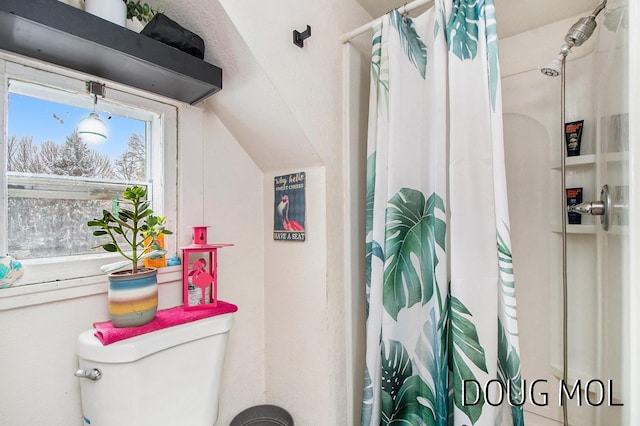 bathroom featuring toilet and a shower with shower curtain