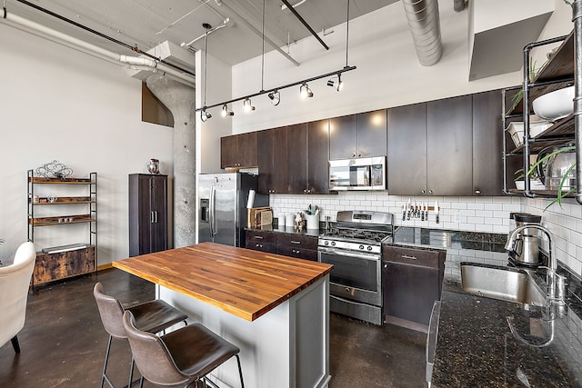 kitchen with sink, dark brown cabinetry, a high ceiling, backsplash, and stainless steel appliances