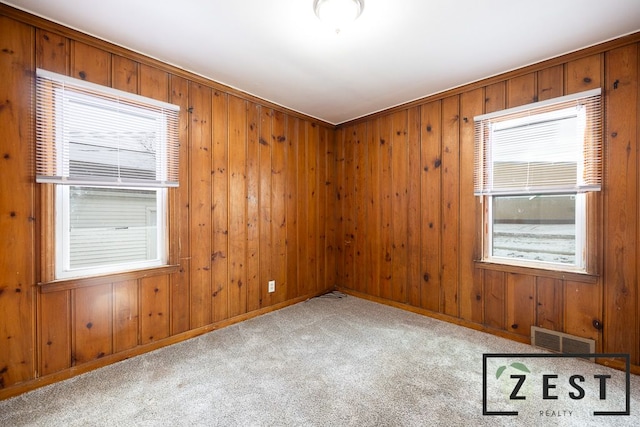 carpeted empty room featuring wood walls