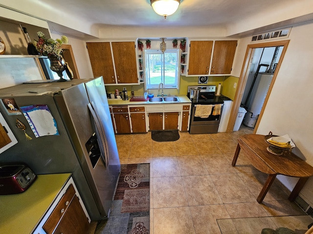 kitchen featuring sink, stainless steel appliances, water heater, and light tile patterned flooring