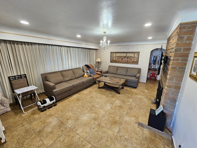 living room featuring a chandelier