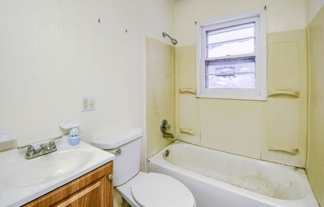 full bathroom with tub / shower combination, toilet, tasteful backsplash, and vanity