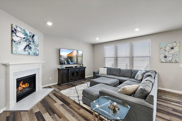 living room with a premium fireplace and dark hardwood / wood-style flooring