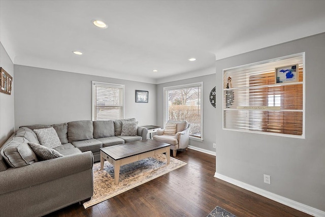 living room featuring dark wood-type flooring