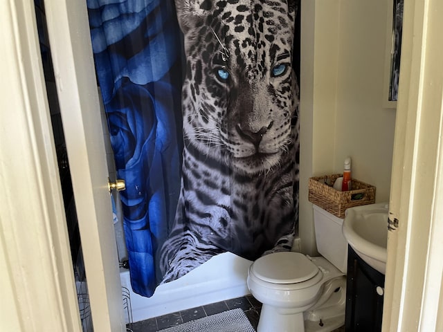 bathroom featuring toilet, vanity, and a shower with shower curtain